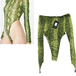 FASHION NOVA NWT Green Snakeskin Print Long Sleeve High Cut Bodysuit XL